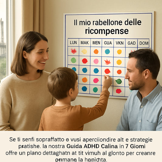 A family setting with a child collecting tokens, colorful stickers on a board, parents observing. Alt: Family token economy board.