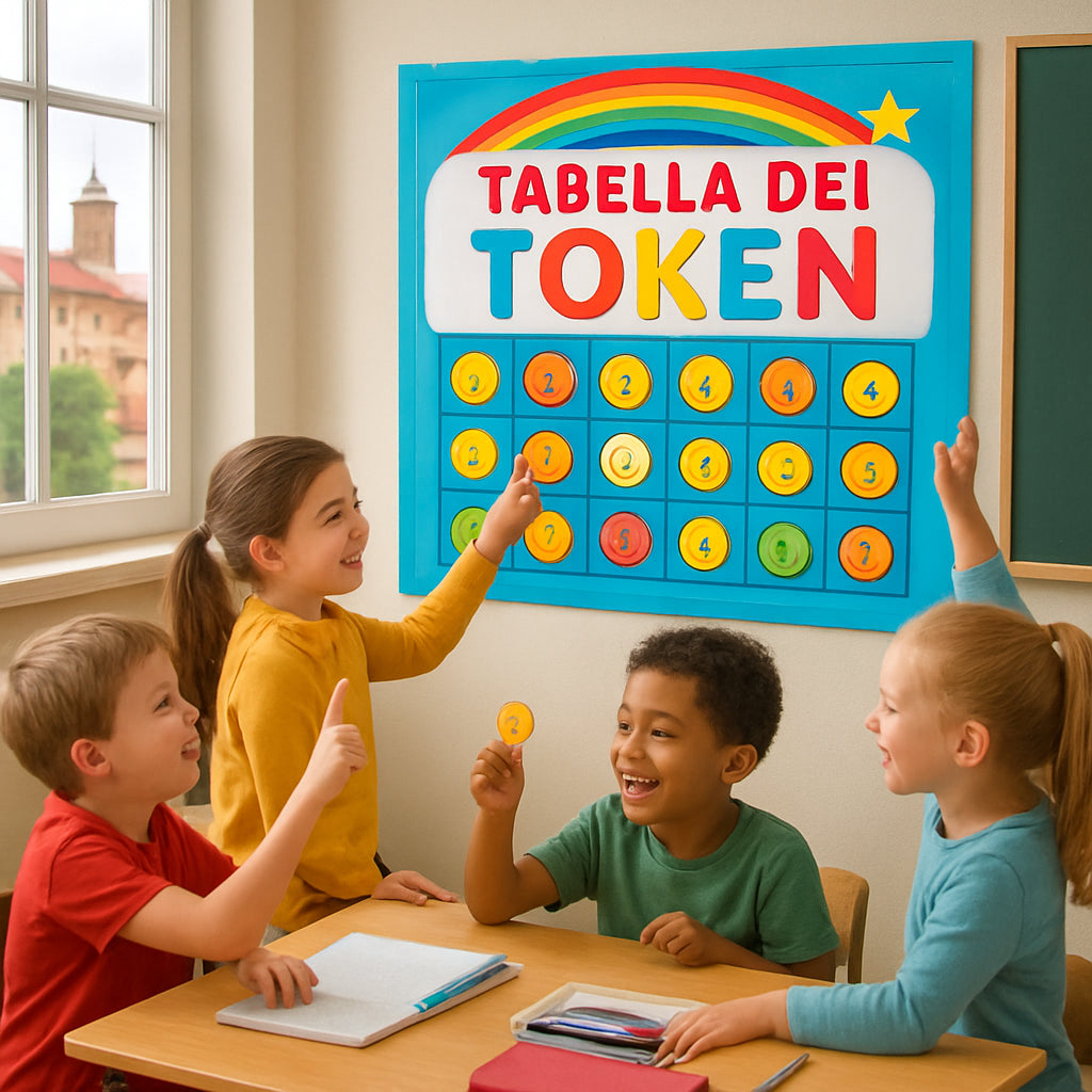 A classroom with a bright, colorful token board hung on the wall, children happily collecting tokens, kids pointing to the board with excitement. Alt: Classroom token economy board for ADHD kids