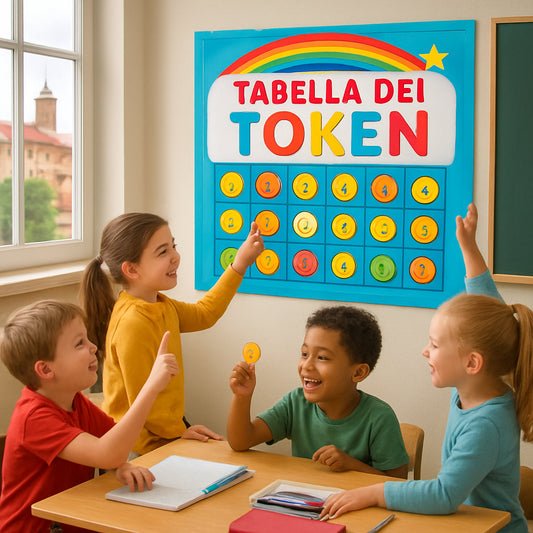 A classroom with a bright, colorful token board hung on the wall, children happily collecting tokens, kids pointing to the board with excitement. Alt: Classroom token economy board for ADHD kids
